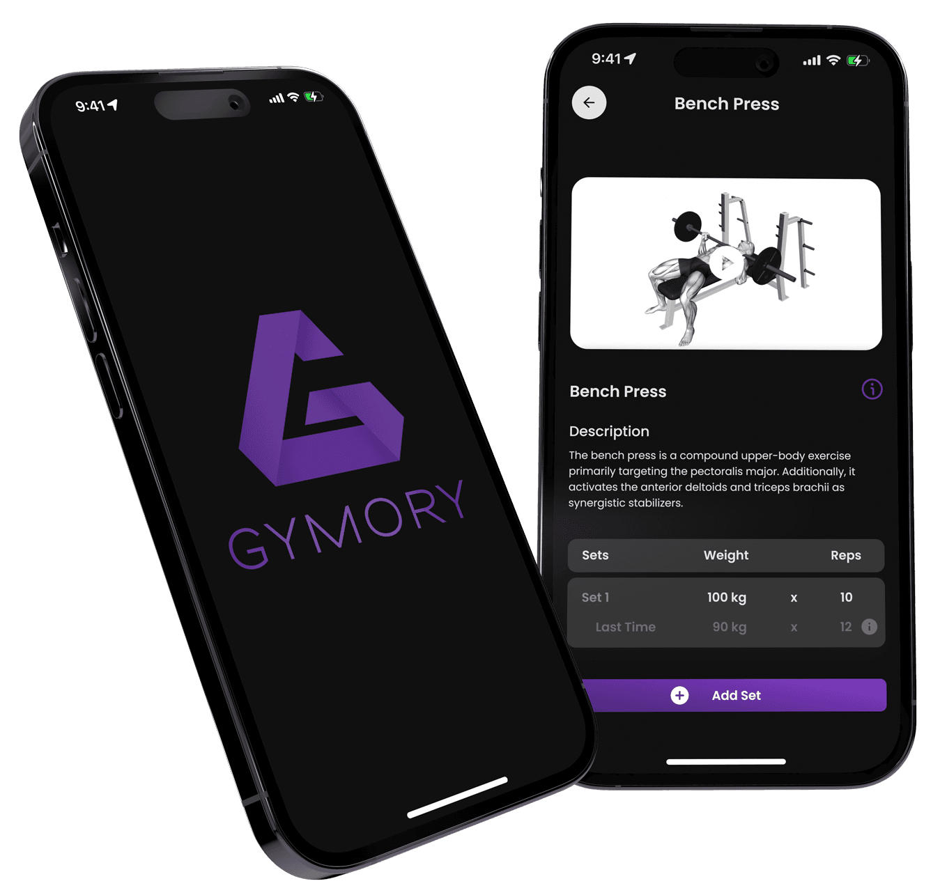 The GYMORY app shown on two phones: the home screen and a Bench Press exercise with logged sets